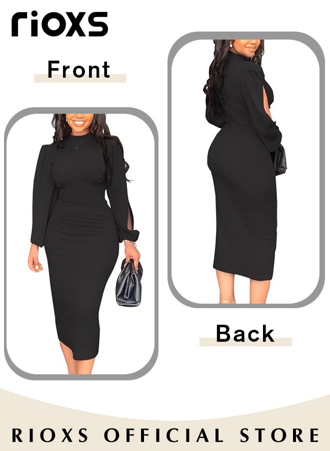 Women's Fashion Solid Colour Pleated Dress Slim Split Sleeve Bodycon Dress Formal Midi Work Pencil Dress