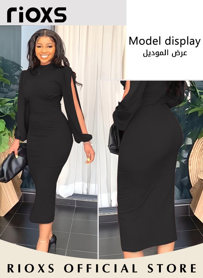 Women's Fashion Solid Colour Pleated Dress Slim Split Sleeve Bodycon Dress Formal Midi Work Pencil Dress