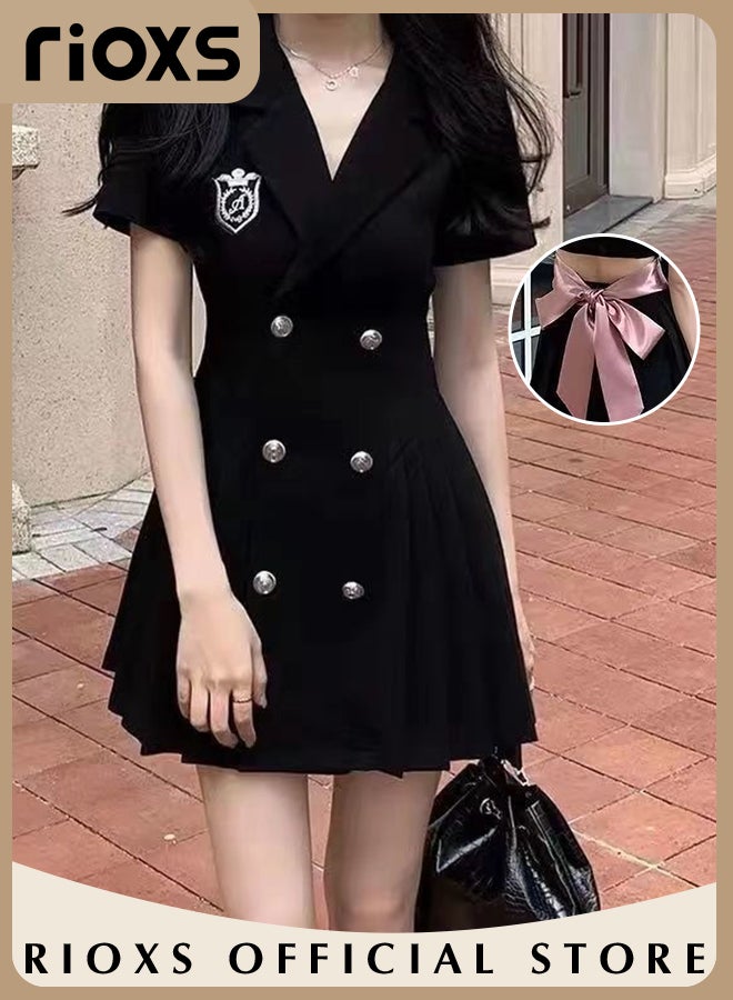 Women Black Double Breasted Dress with Cutout Design and Bow on the Back, Short Sleeve A-line Dress, College-style Pleated Skirt for Young Ladies, Classic Fashionable Slim Jacket Dress, A Must-have Dress for Summer, Great for Any Special Occasion or Daily Wear