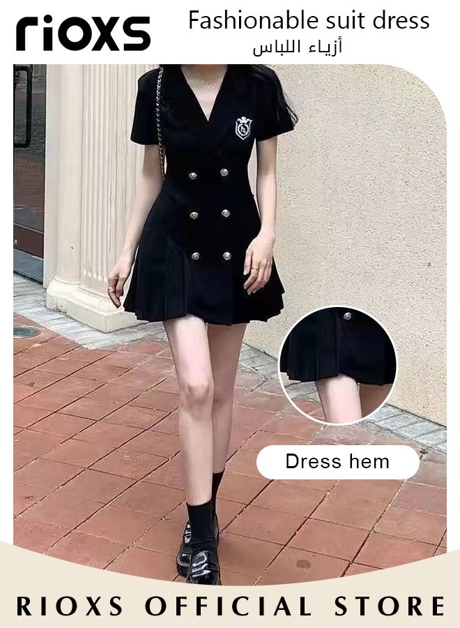 Women Black Double Breasted Dress with Cutout Design and Bow on the Back, Short Sleeve A-line Dress, College-style Pleated Skirt for Young Ladies, Classic Fashionable Slim Jacket Dress, A Must-have Dress for Summer, Great for Any Special Occasion or Daily Wear