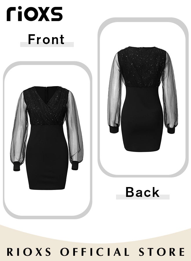 Gorgeous Evening Dress with Mesh Puff Sleeves, Back Zipper and Hips-wrapped Silhouette, Sequin V-neck Dress with Elegant Chic Style, Wrap-around Sparking Dress, Perfect for Daily, Work, Office, Wedding and Party