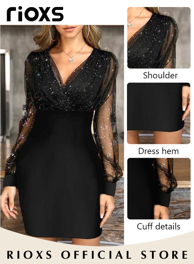 Gorgeous Evening Dress with Mesh Puff Sleeves, Back Zipper and Hips-wrapped Silhouette, Sequin V-neck Dress with Elegant Chic Style, Wrap-around Sparking Dress, Perfect for Daily, Work, Office, Wedding and Party