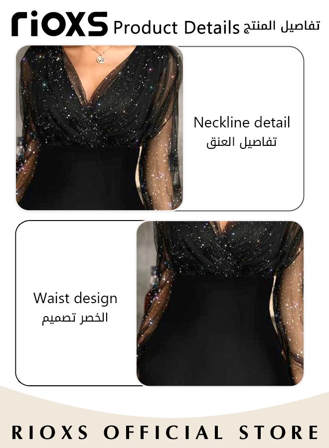 Gorgeous Evening Dress with Mesh Puff Sleeves, Back Zipper and Hips-wrapped Silhouette, Sequin V-neck Dress with Elegant Chic Style, Wrap-around Sparking Dress, Perfect for Daily, Work, Office, Wedding and Party