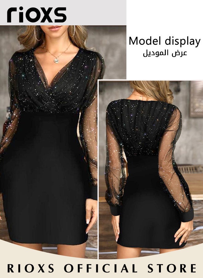 Gorgeous Evening Dress with Mesh Puff Sleeves, Back Zipper and Hips-wrapped Silhouette, Sequin V-neck Dress with Elegant Chic Style, Wrap-around Sparking Dress, Perfect for Daily, Work, Office, Wedding and Party