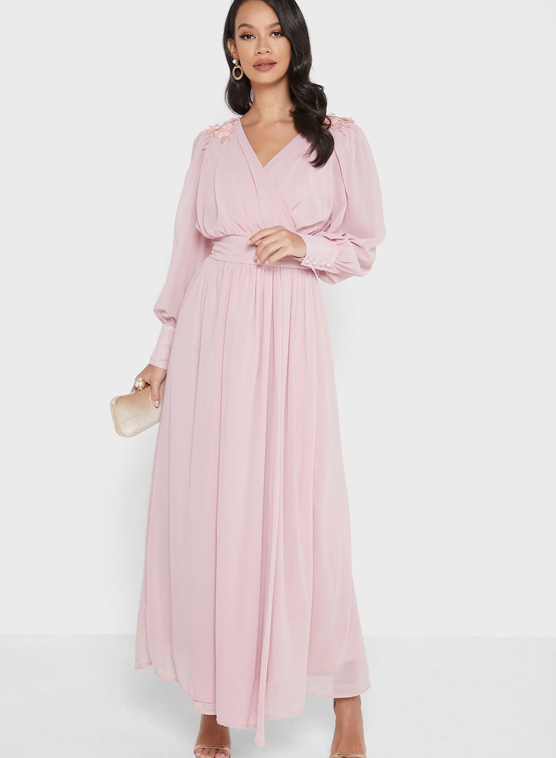 Surplice Neck Pleated Dress