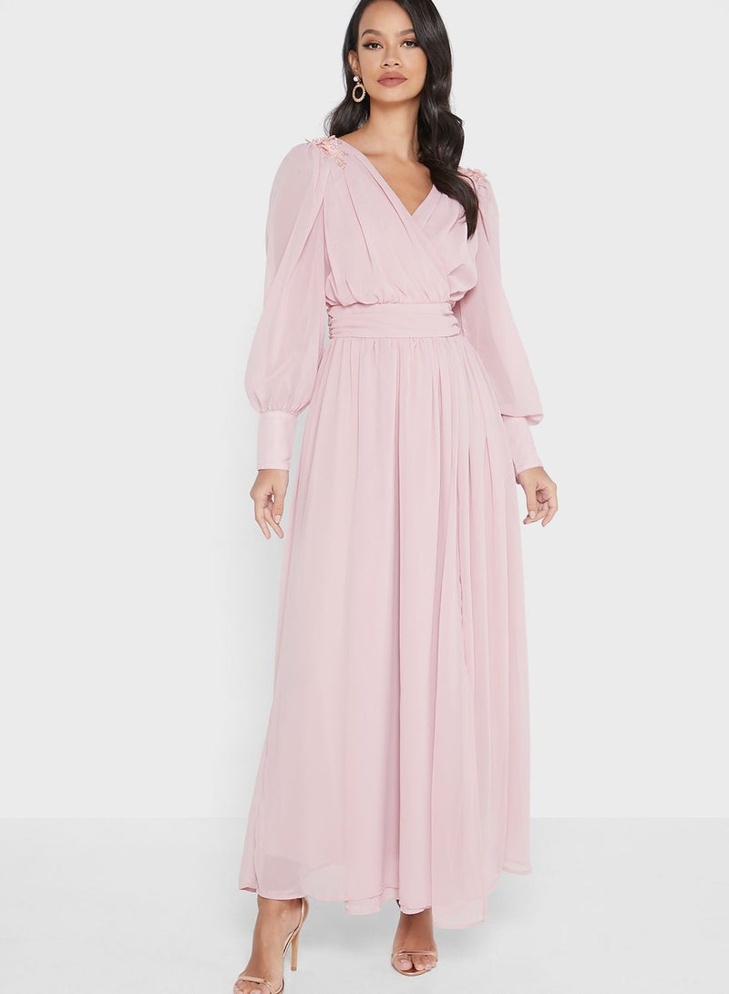 Surplice Neck Pleated Dress