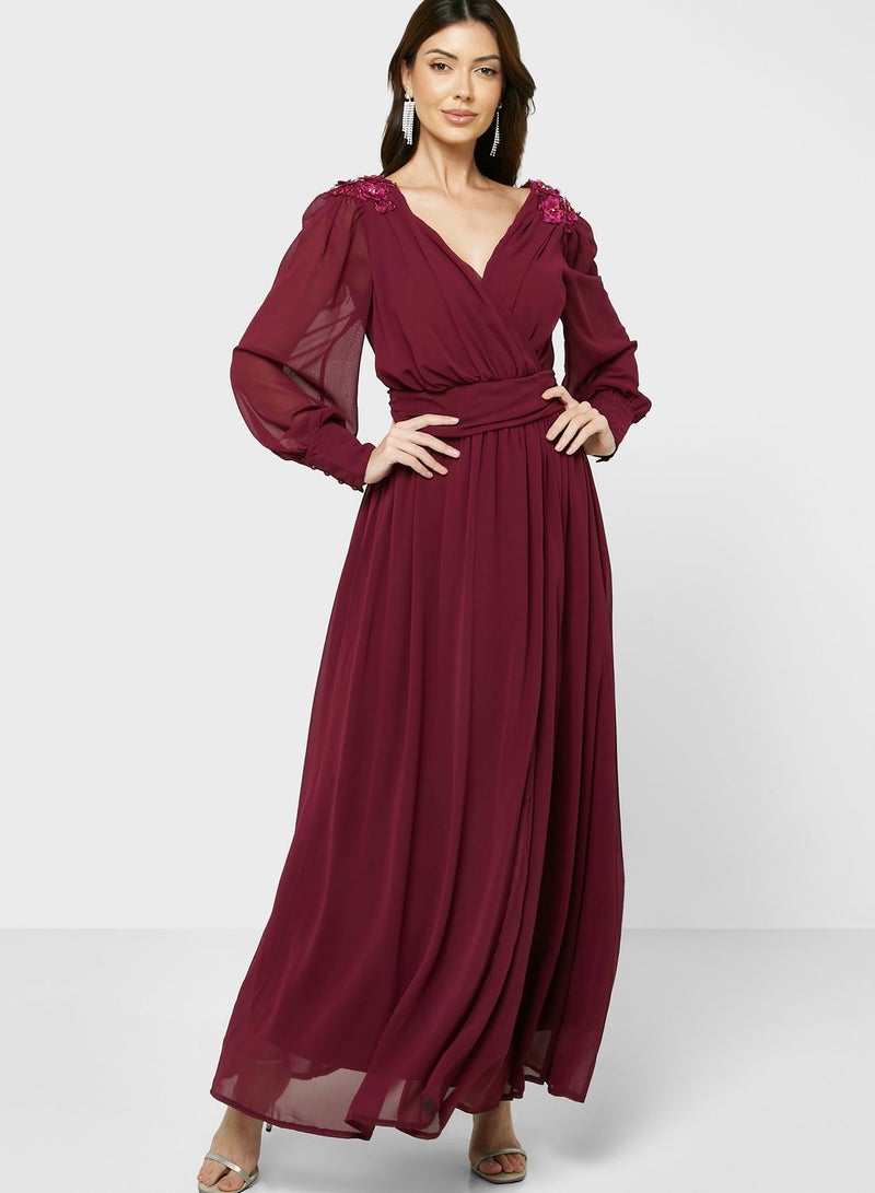Surplice Neck Pleated Dress