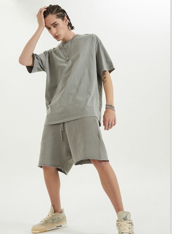 Unisex Vintage Casual Loose Shoulder Oversize Crew Neck Shaded Short Sleeve T-shirt
