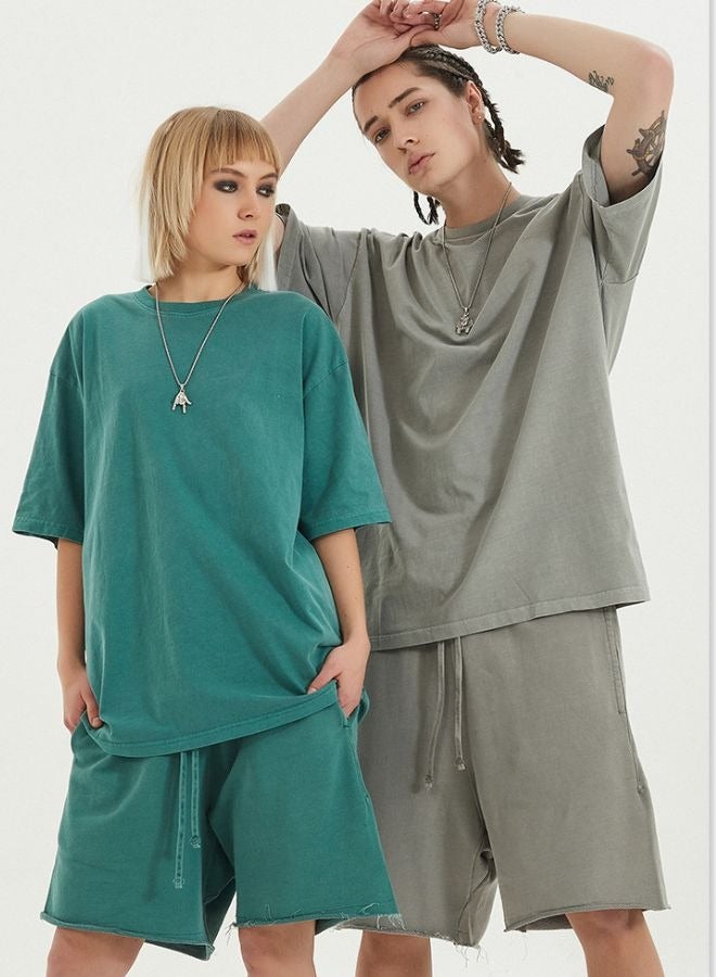 Unisex Vintage Casual Loose Shoulder Oversize Crew Neck Shaded Short Sleeve T-shirt