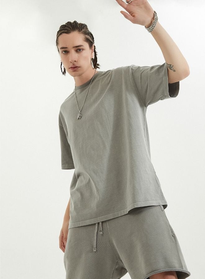 Unisex Vintage Casual Loose Shoulder Oversize Crew Neck Shaded Short Sleeve T-shirt