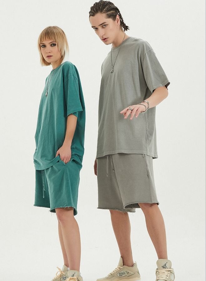 Unisex Vintage Casual Loose Shoulder Oversize Crew Neck Shaded Short Sleeve T-shirt