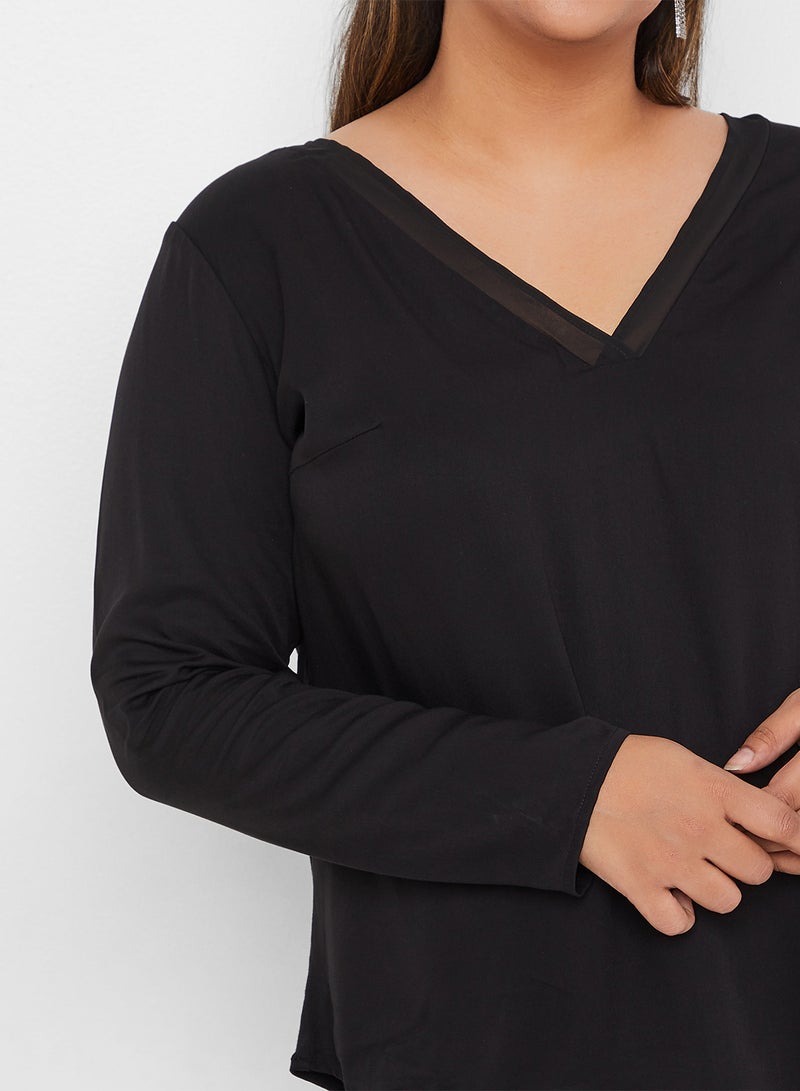 V-Neck Long Sleeve Top Black