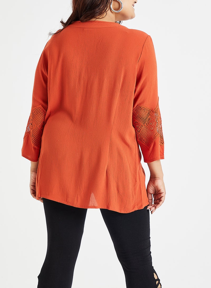 Lace Sleeve Detailed Buttoned Top Orange