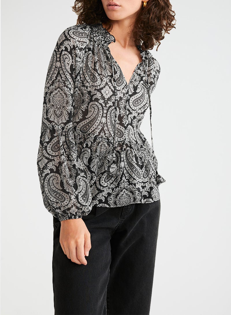 Paisley Print Sheer Blouse Black/Grey