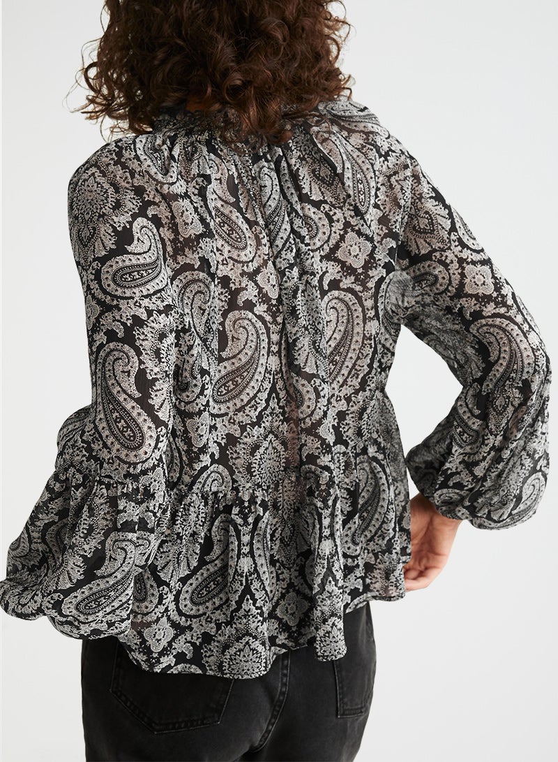 Paisley Print Sheer Blouse Black/Grey