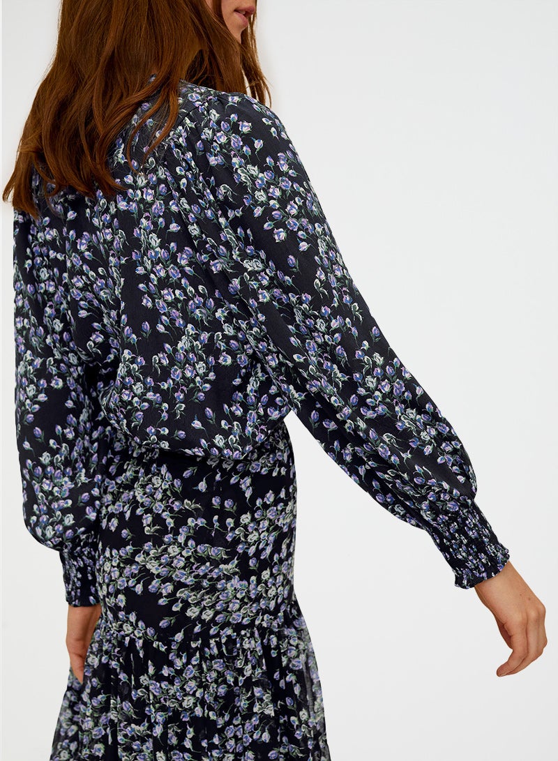 Floral Print Flowy Blouse Black