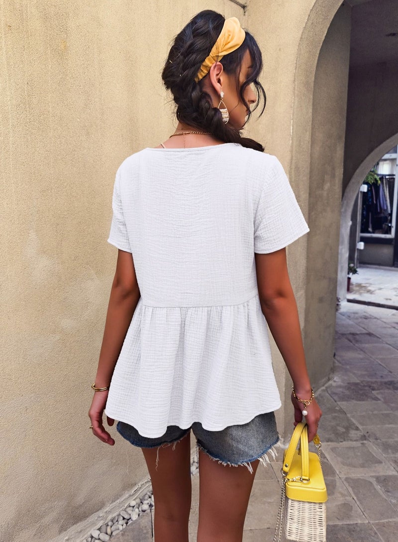 Solid Color T-shirt Top Short Sleeve Lace Stitched White