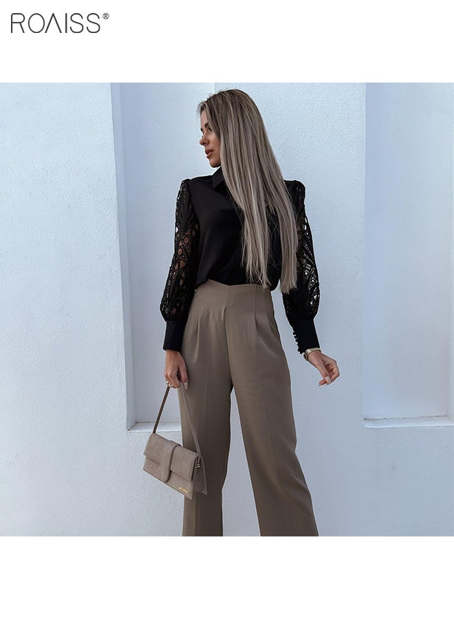 Women's Satin Lace Blouse Classic V Neck Lapel Design Long Sleeve Cuffs Tightened Button Open and Close Fashion Top