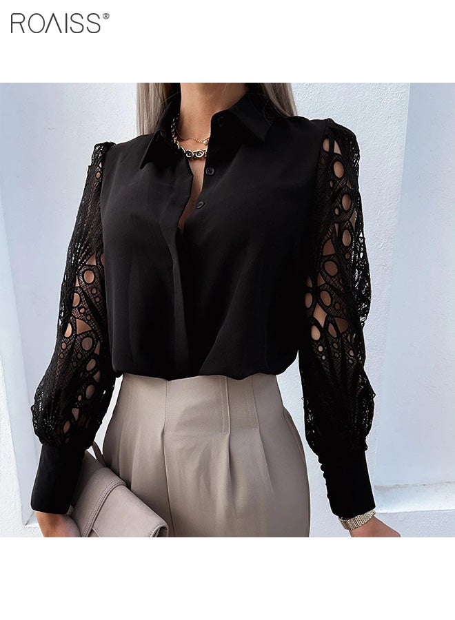 Women's Satin Lace Blouse Classic V Neck Lapel Design Long Sleeve Cuffs Tightened Button Open and Close Fashion Top