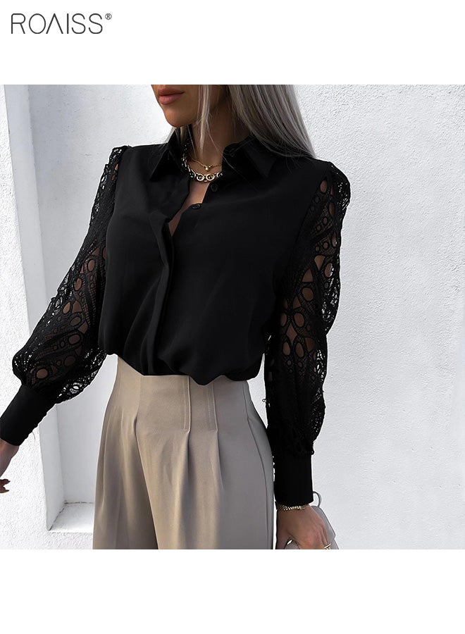Women's Satin Lace Blouse Classic V Neck Lapel Design Long Sleeve Cuffs Tightened Button Open and Close Fashion Top