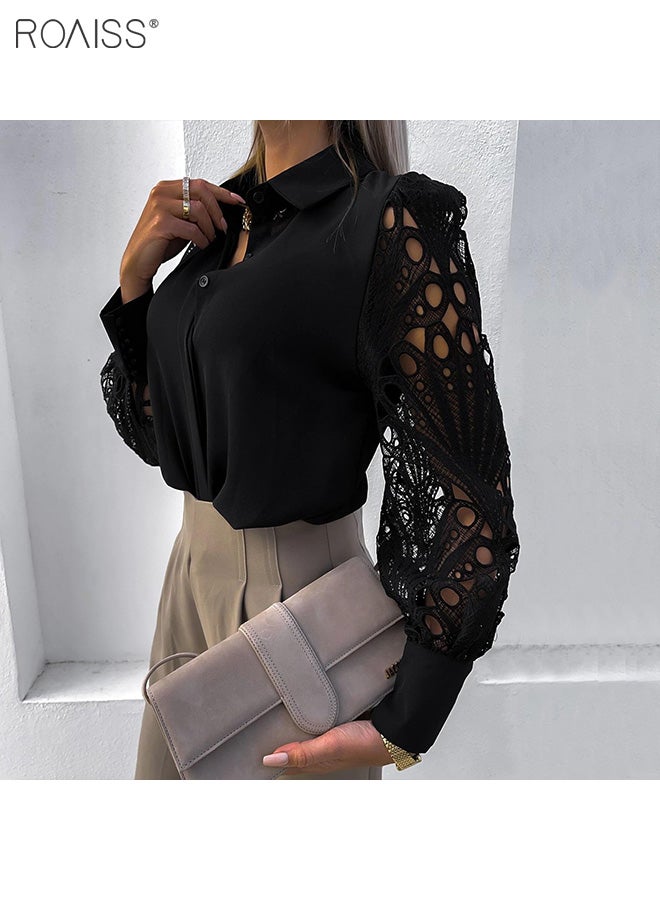 Women's Satin Lace Blouse Classic V Neck Lapel Design Long Sleeve Cuffs Tightened Button Open and Close Fashion Top