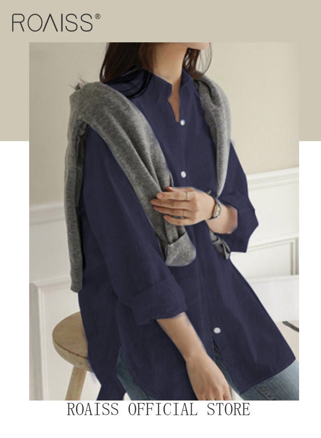 Ladies Comfortable Lapel Shirt for Daily Commute - Single-Breasted Long Sleeve Top with Simple Solid Color Design and Loose Fit