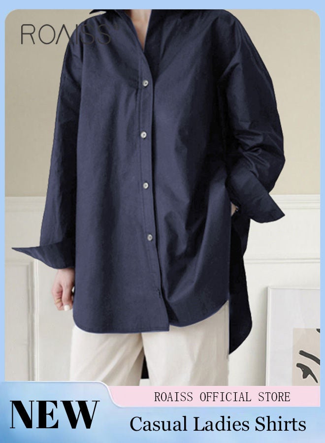 Ladies Comfortable Lapel Shirt for Daily Commute - Single-Breasted Long Sleeve Top with Simple Solid Color Design and Loose Fit