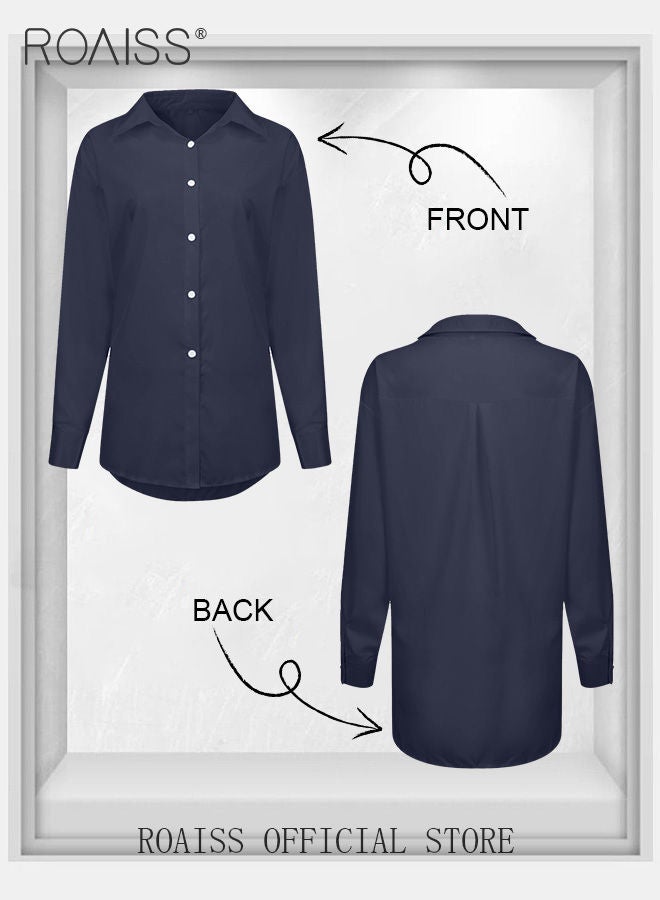Ladies Comfortable Lapel Shirt for Daily Commute - Single-Breasted Long Sleeve Top with Simple Solid Color Design and Loose Fit