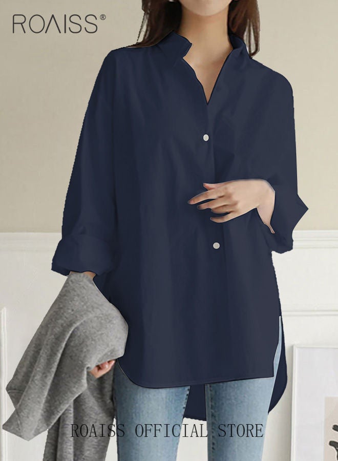 Ladies Comfortable Lapel Shirt for Daily Commute - Single-Breasted Long Sleeve Top with Simple Solid Color Design and Loose Fit