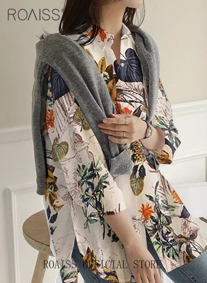 Ladies Stylish Lapel Shirt for Daily Commute Single Breasted Long Sleeve Top with Simple Design and Loose Fit Featuring a Beautiful Floral Pattern