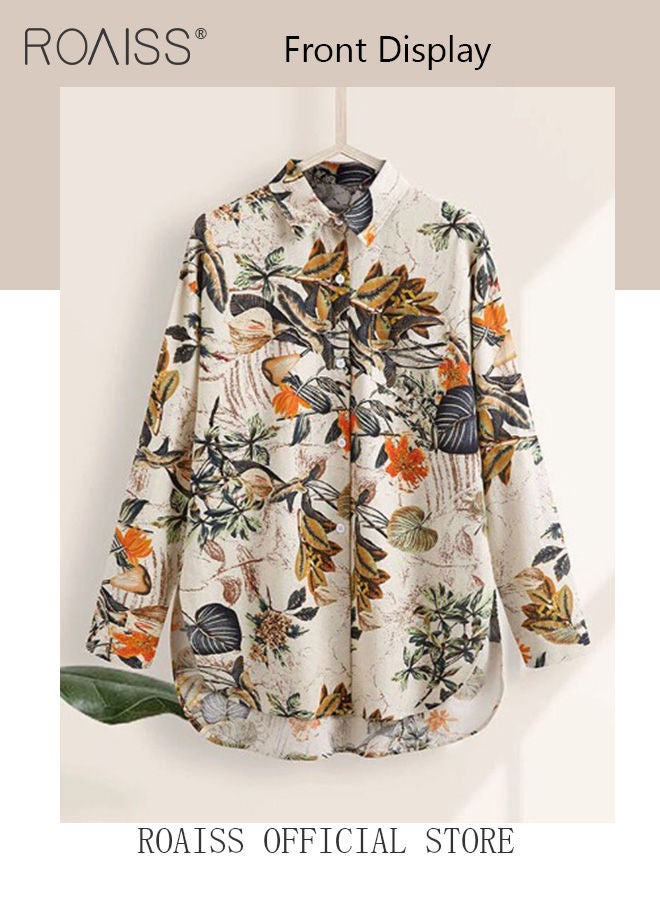 Ladies Stylish Lapel Shirt for Daily Commute Single Breasted Long Sleeve Top with Simple Design and Loose Fit Featuring a Beautiful Floral Pattern