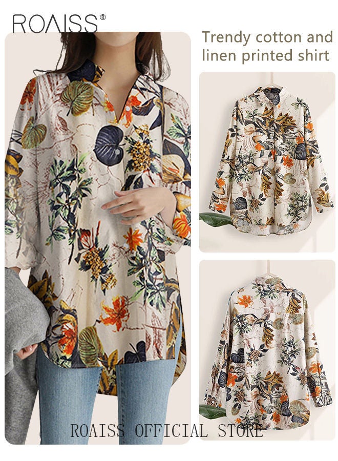 Ladies Stylish Lapel Shirt for Daily Commute Single Breasted Long Sleeve Top with Simple Design and Loose Fit Featuring a Beautiful Floral Pattern