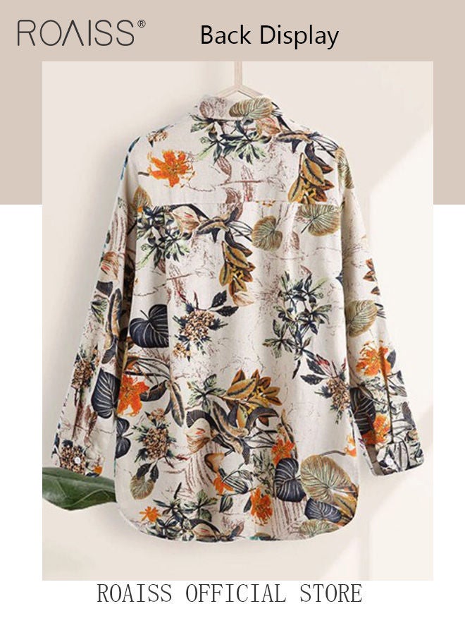 Ladies Stylish Lapel Shirt for Daily Commute Single Breasted Long Sleeve Top with Simple Design and Loose Fit Featuring a Beautiful Floral Pattern