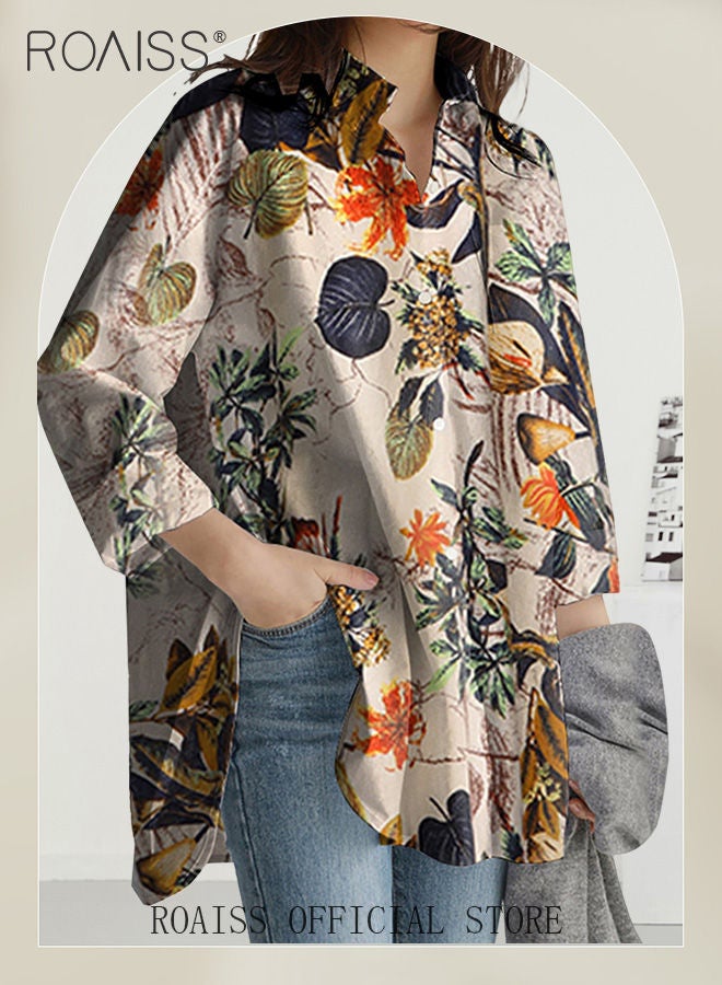 Ladies Stylish Lapel Shirt for Daily Commute Single Breasted Long Sleeve Top with Simple Design and Loose Fit Featuring a Beautiful Floral Pattern
