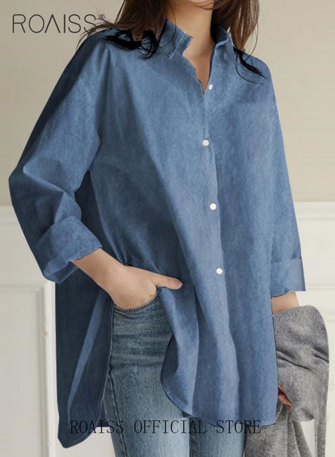 Ladies Comfortable Lapel Shirt for Daily Commute - Single-Breasted Long Sleeve Top with Simple Solid Color Design and Loose Fit