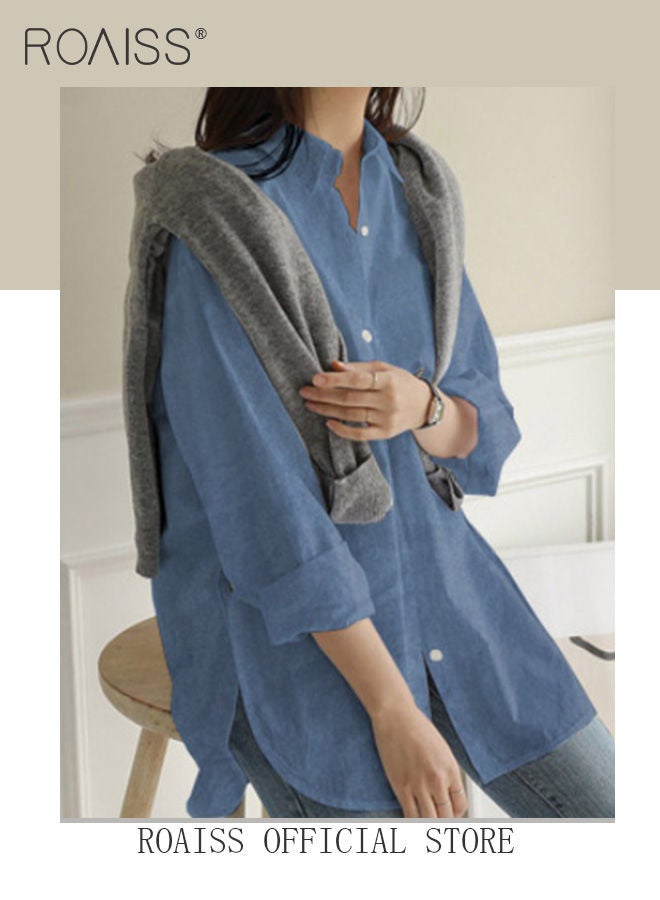 Ladies Comfortable Lapel Shirt for Daily Commute - Single-Breasted Long Sleeve Top with Simple Solid Color Design and Loose Fit