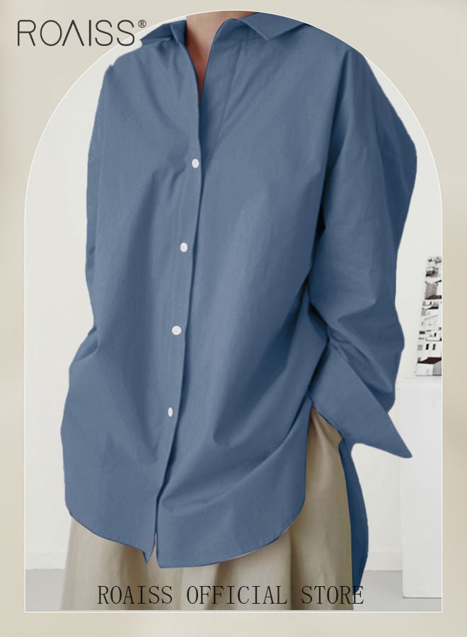 Ladies Comfortable Lapel Shirt for Daily Commute - Single-Breasted Long Sleeve Top with Simple Solid Color Design and Loose Fit