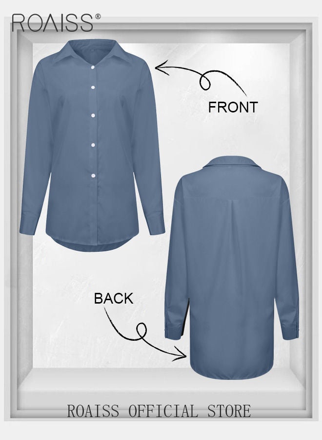 Ladies Comfortable Lapel Shirt for Daily Commute - Single-Breasted Long Sleeve Top with Simple Solid Color Design and Loose Fit
