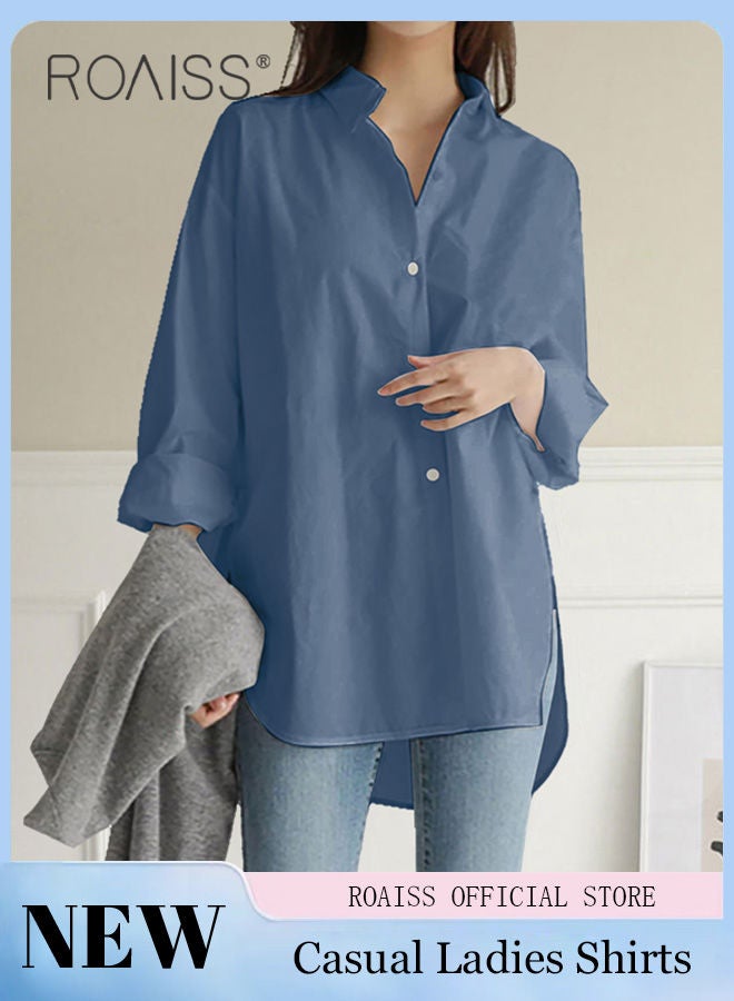 Ladies Comfortable Lapel Shirt for Daily Commute - Single-Breasted Long Sleeve Top with Simple Solid Color Design and Loose Fit