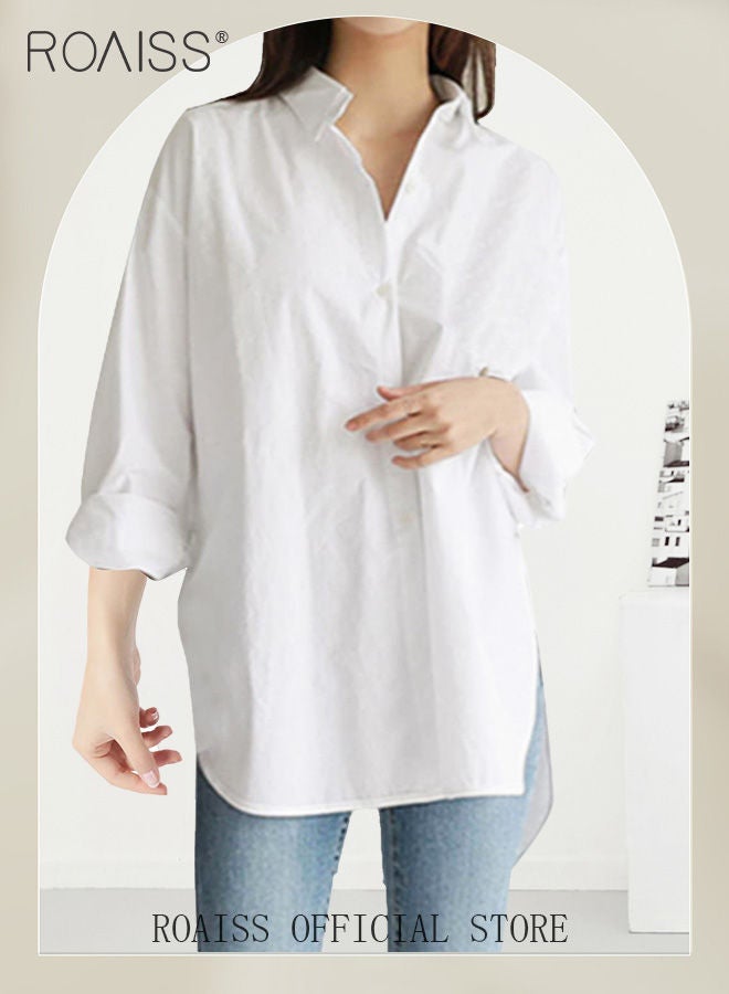 Ladies Comfortable Lapel Shirt for Daily Commute - Single-Breasted Long Sleeve Top with Simple Solid Color Design and Loose Fit