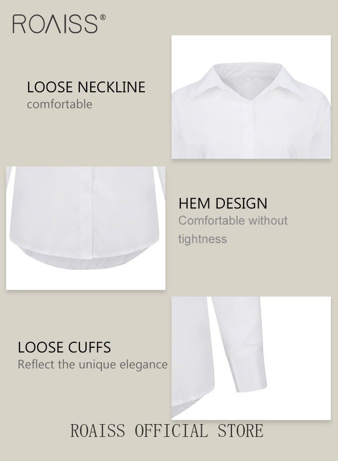 Ladies Comfortable Lapel Shirt for Daily Commute - Single-Breasted Long Sleeve Top with Simple Solid Color Design and Loose Fit
