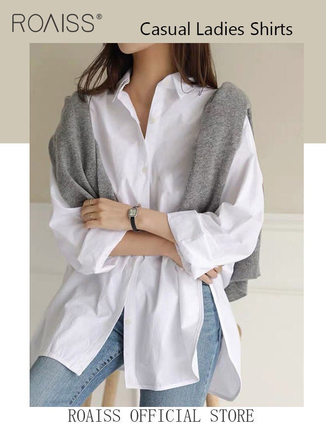 Ladies Comfortable Lapel Shirt for Daily Commute - Single-Breasted Long Sleeve Top with Simple Solid Color Design and Loose Fit