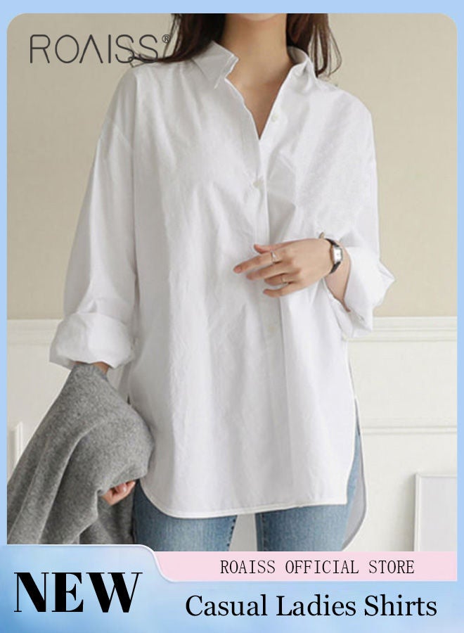 Ladies Comfortable Lapel Shirt for Daily Commute - Single-Breasted Long Sleeve Top with Simple Solid Color Design and Loose Fit