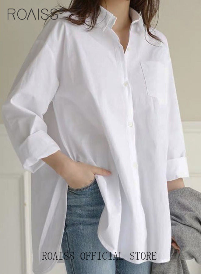 Ladies Comfortable Lapel Shirt for Daily Commute - Single-Breasted Long Sleeve Top with Simple Solid Color Design and Loose Fit