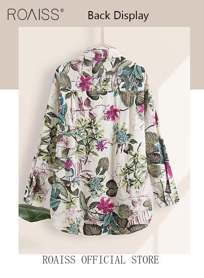 Ladies Stylish Lapel Shirt for Daily Commute Single Breasted Long Sleeve Top with Simple Design and Loose Fit Featuring a Beautiful Floral Pattern