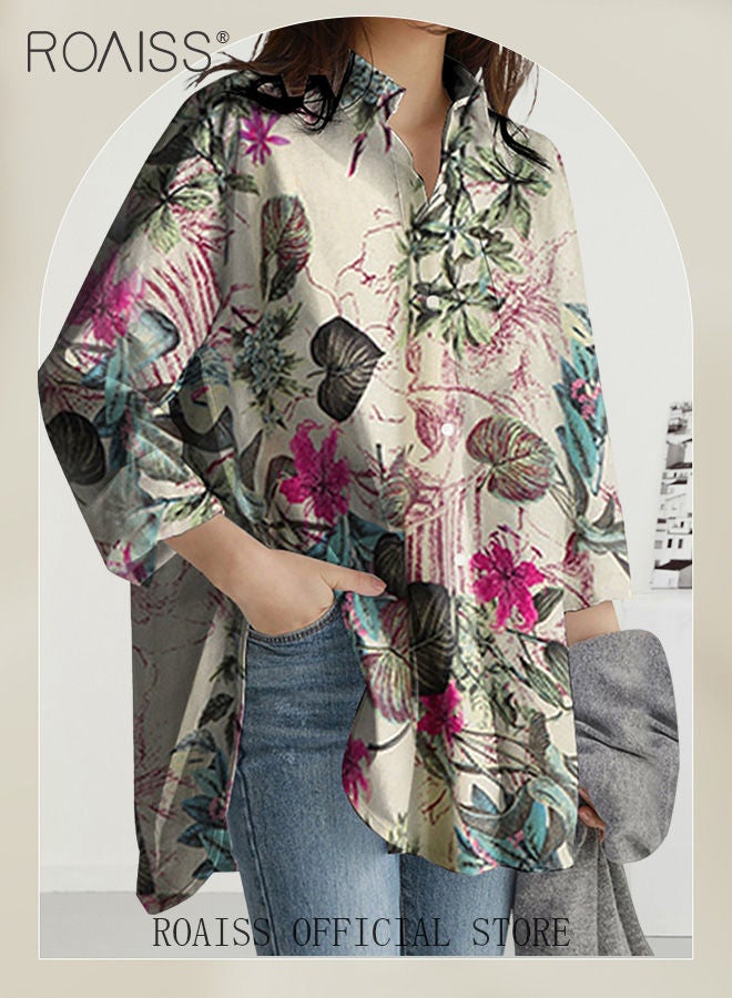 Ladies Stylish Lapel Shirt for Daily Commute Single Breasted Long Sleeve Top with Simple Design and Loose Fit Featuring a Beautiful Floral Pattern