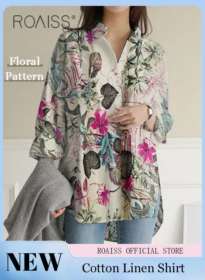Ladies Stylish Lapel Shirt for Daily Commute Single Breasted Long Sleeve Top with Simple Design and Loose Fit Featuring a Beautiful Floral Pattern