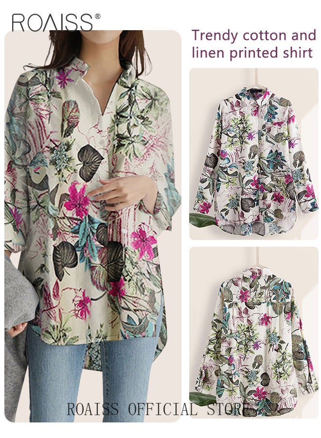 Ladies Stylish Lapel Shirt for Daily Commute Single Breasted Long Sleeve Top with Simple Design and Loose Fit Featuring a Beautiful Floral Pattern