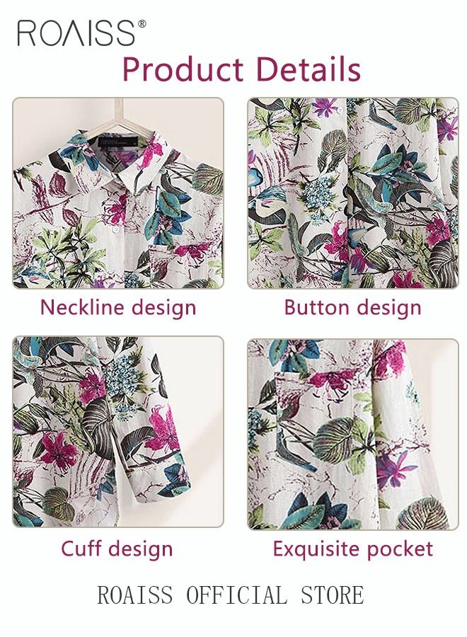 Ladies Stylish Lapel Shirt for Daily Commute Single Breasted Long Sleeve Top with Simple Design and Loose Fit Featuring a Beautiful Floral Pattern