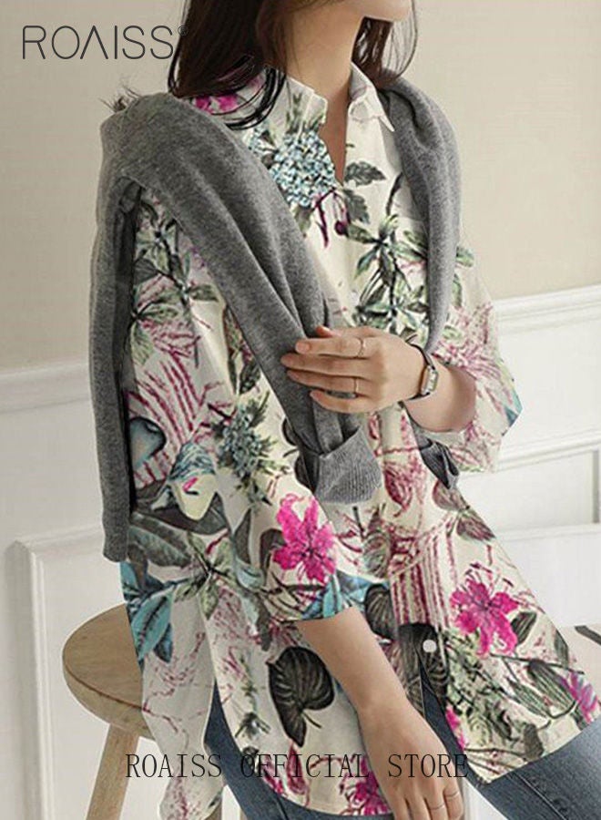 Ladies Stylish Lapel Shirt for Daily Commute Single Breasted Long Sleeve Top with Simple Design and Loose Fit Featuring a Beautiful Floral Pattern